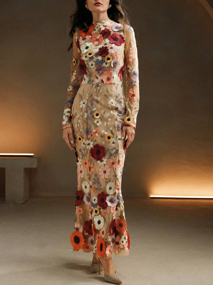 Women Elegant Mesh Flower Embroidery Long Dress
