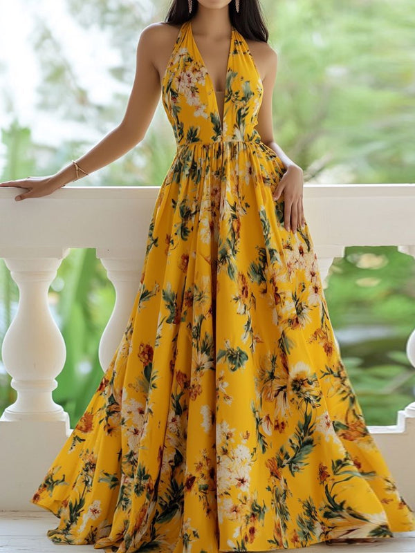 V-neck Elegant Holiday Print Women's Dress