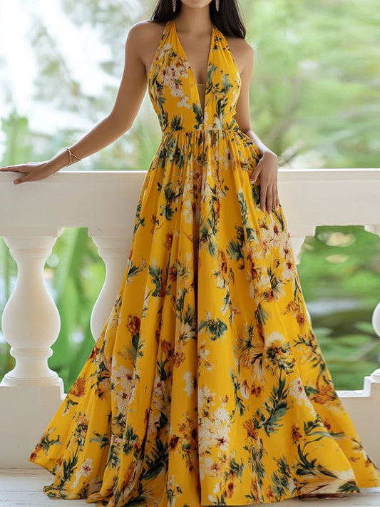 V-neck Elegant Holiday Print Women's Dress