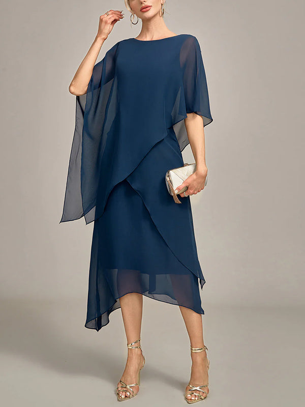 Round Neck Chiffon Solid Color Midi Dress