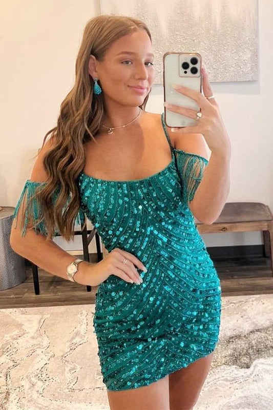 Emerald Green Sequin Off Shoulder Tassel Short Homecoming Dress Cocktail Gown