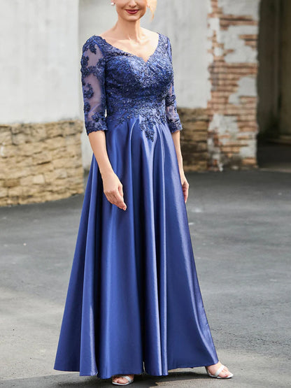 V-neck Lace Solid Color Maxi Dress