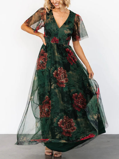 Short Sleeve Elegant Mesh Print Maxi Dress