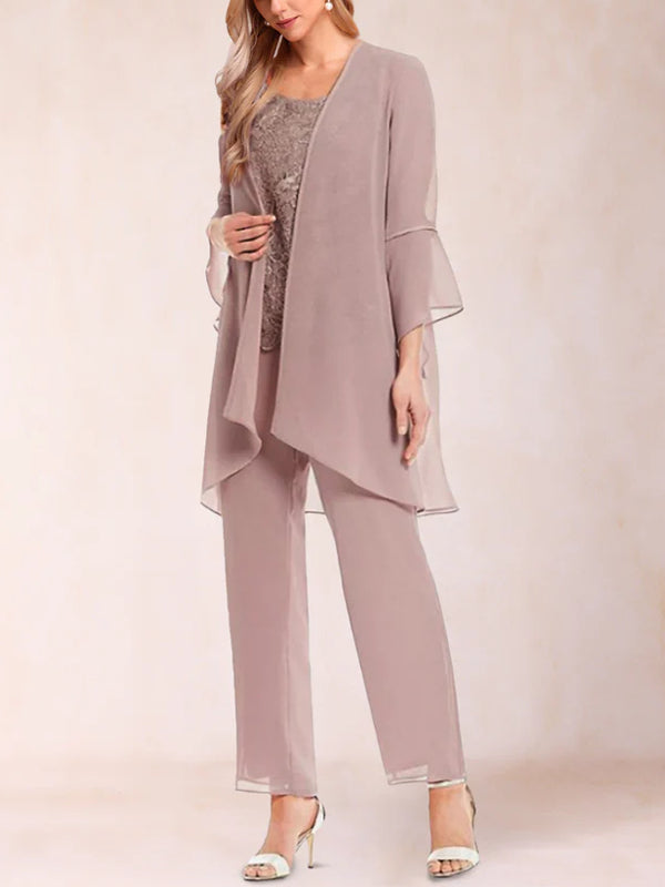 Chiffon Scoop Long Sleeves 3 Pieces Pantsuits with Applique & Jacket