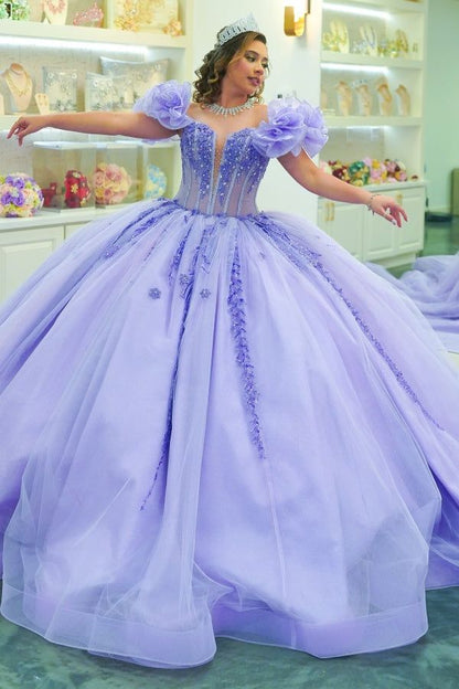 Charming Ball Gown Off-The-Shoulder Appliques Purple Tulle Sweet 16 Dress, Quinceanera Dress SH2638