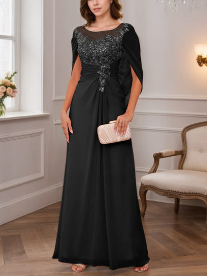 A-Line/Princess Illusion Scoop Appliques Ruched Mother of the Bride Dresses with Cape