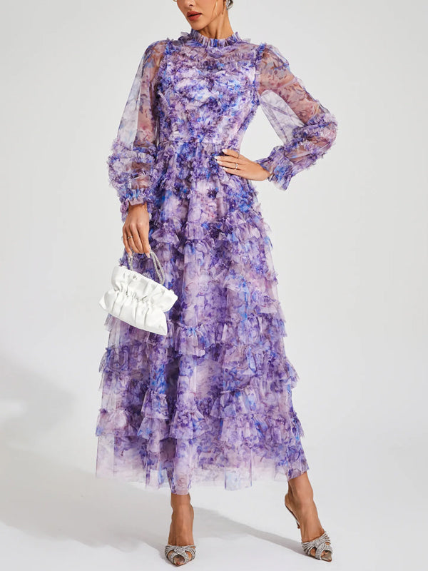 Round Neck Long Sleeves Printed Midi Dress