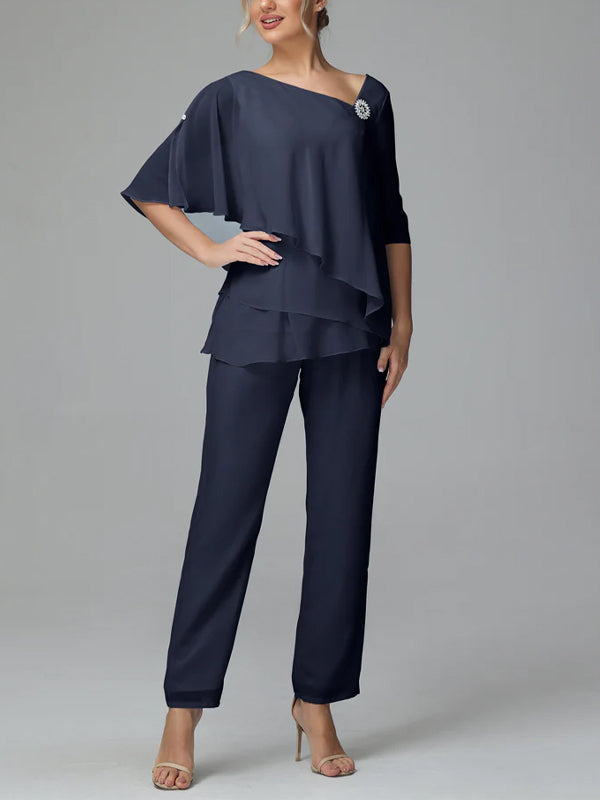 Half Sleeve Chiffon Mother of the Bride Dress Pants Suit