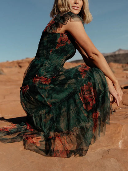 Slim Fit Simple Printed Mesh Maxi Dress