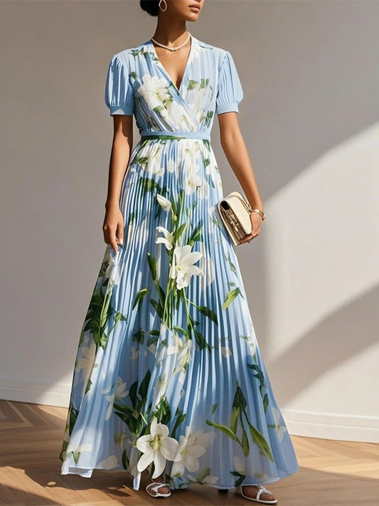 Light Blue Pleated Floral Chiffon V Neck Short Sleeve Balloon Sleeve A-Line Maxi Dress
