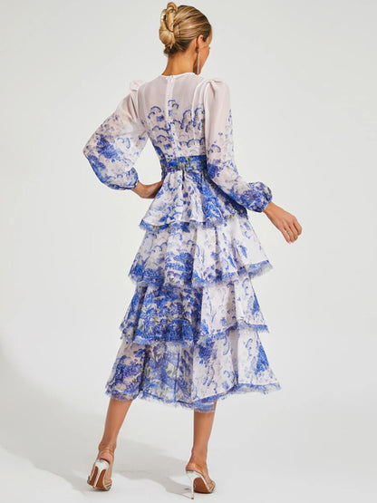 Round Neck Long Sleeves Printed Midi Dress