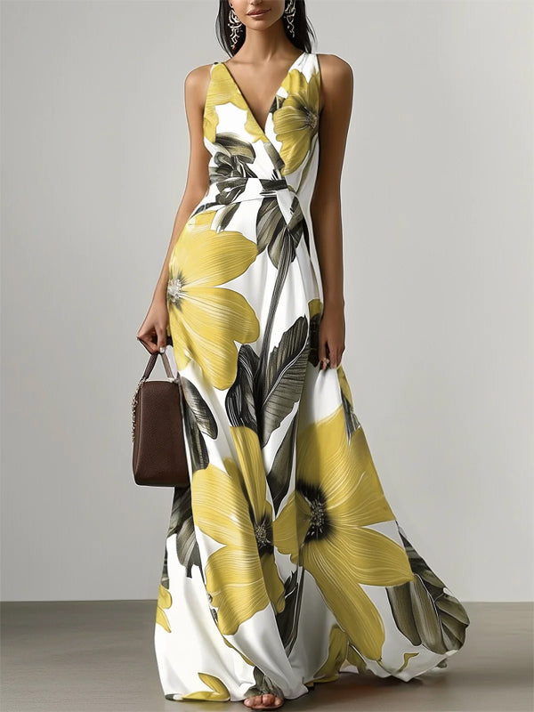 V-neck Sleeveless Printed Maxi Dress