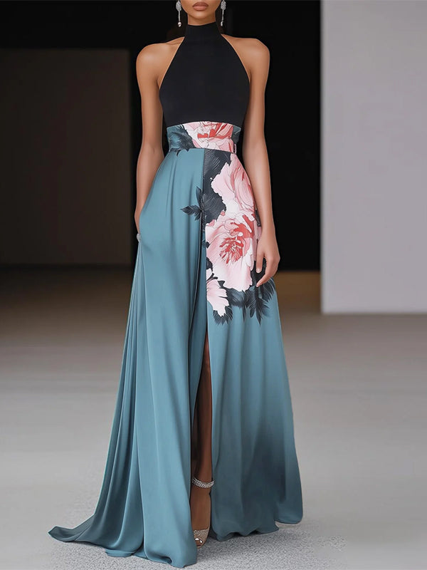 Black Slit Floral Classic Crew Neck Sleeveless A-Line Maxi Dress