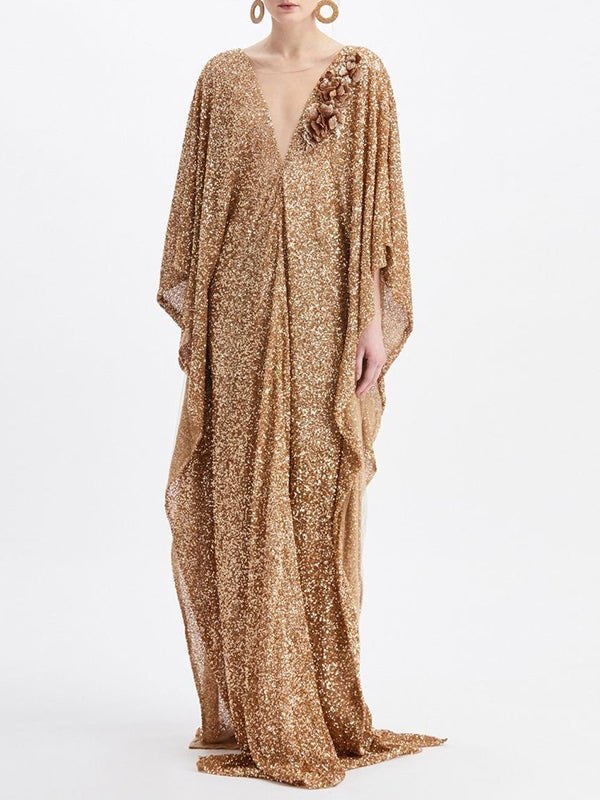 Round Neck Solid Color Sequins Maxi Dress