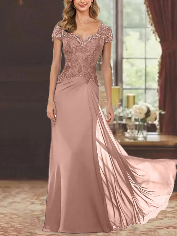 Sheath/Column Sweetheart Short Sleeves Floor-Length Mother of the Bride Dresses with Appliques Lace