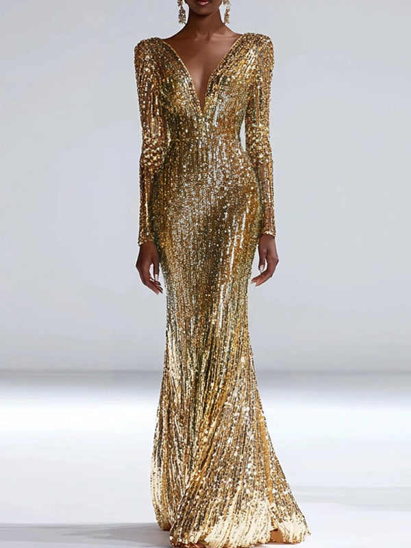 Formal Party Work Wedding V Neck Gradient Blue Gold Sequin Maxi Dress