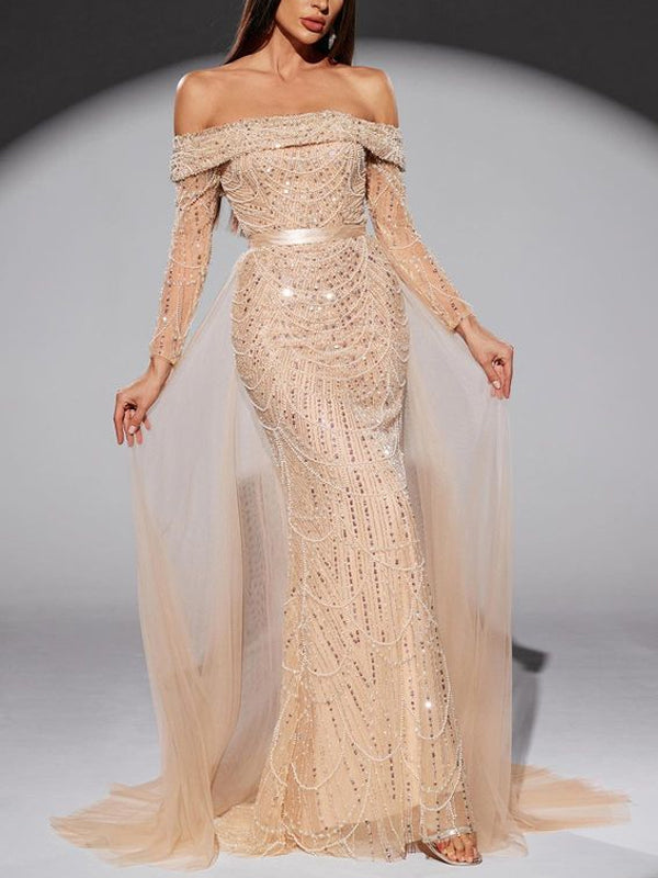 Off-the-shoulder Sequined Mesh Maxi Dress