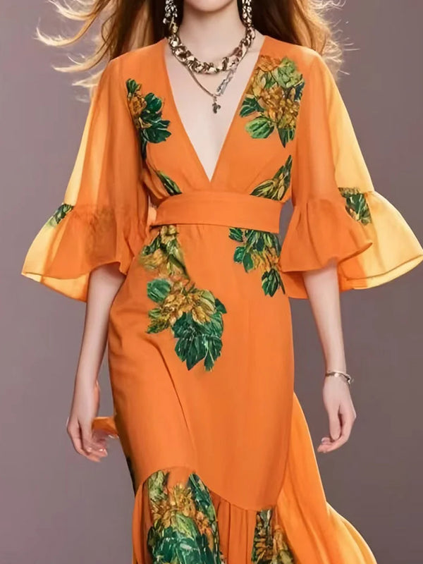 Printed Chiffon Gown With Flared Sleeves