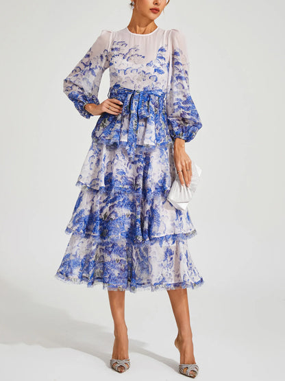 Round Neck Long Sleeves Printed Midi Dress