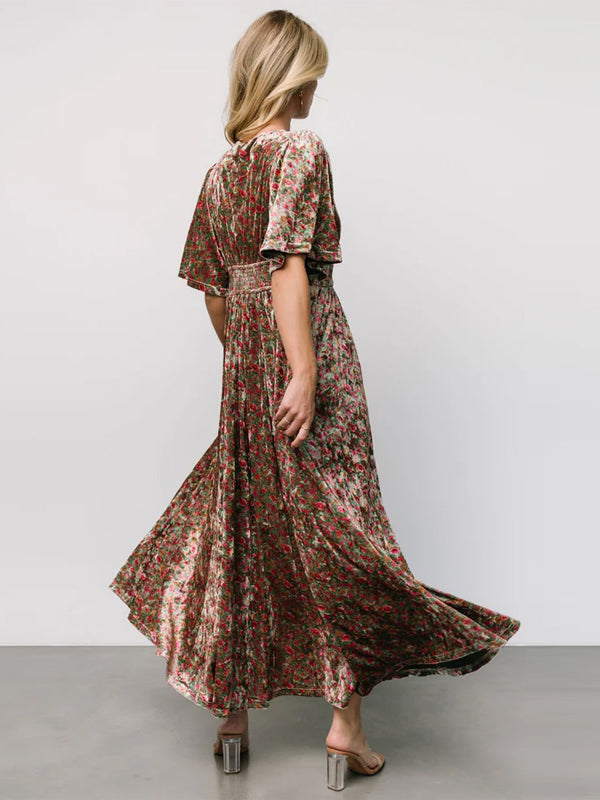 V-neck Corduroy Print Maxi Dress