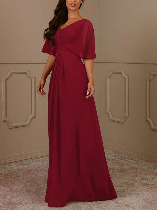A-Line V-Neck Pleated Chiffon Dress