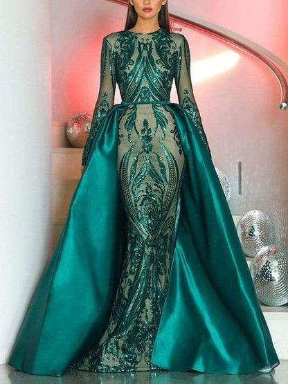 Long Sleeve Sequin Pattern Gown with Overskirt