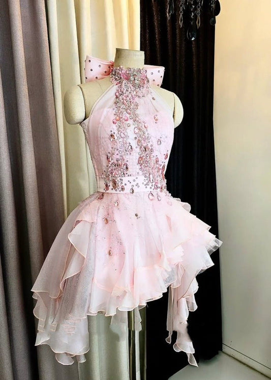 Pink Beaded Ruffle Short Tulle Homecoming Dress Prom Dress Birthday Party Dress gh4912