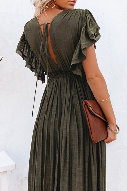 loveedsTM-Elegant Solid Frenulum Buckle V Neck A Line Dresses