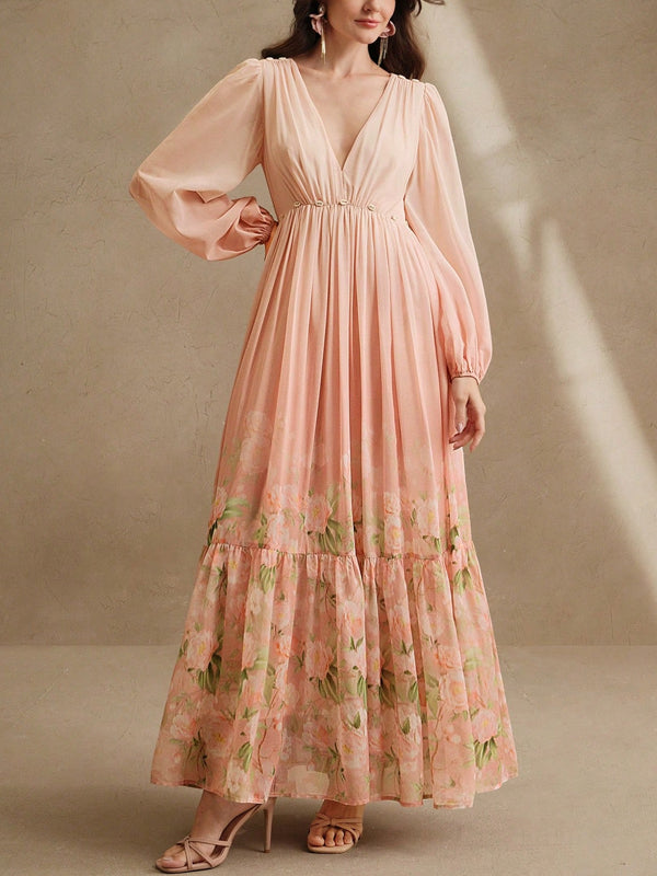 V Neck Chiffon Print Holiday Dress