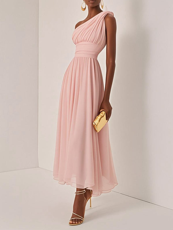 Ruched Chiffon One Shoulder Sleeveless A-Line Maxi Dress