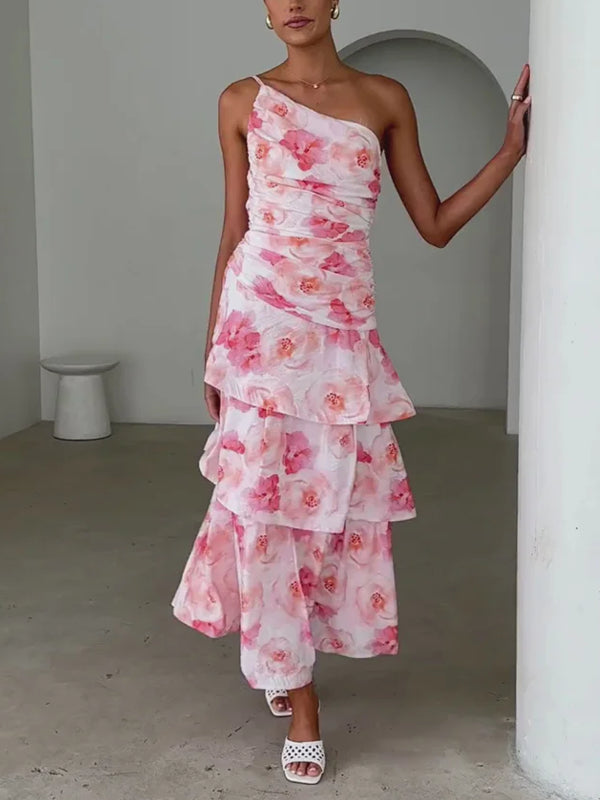 One Shoulder Pleated Spaghetti Strap Printed Dress