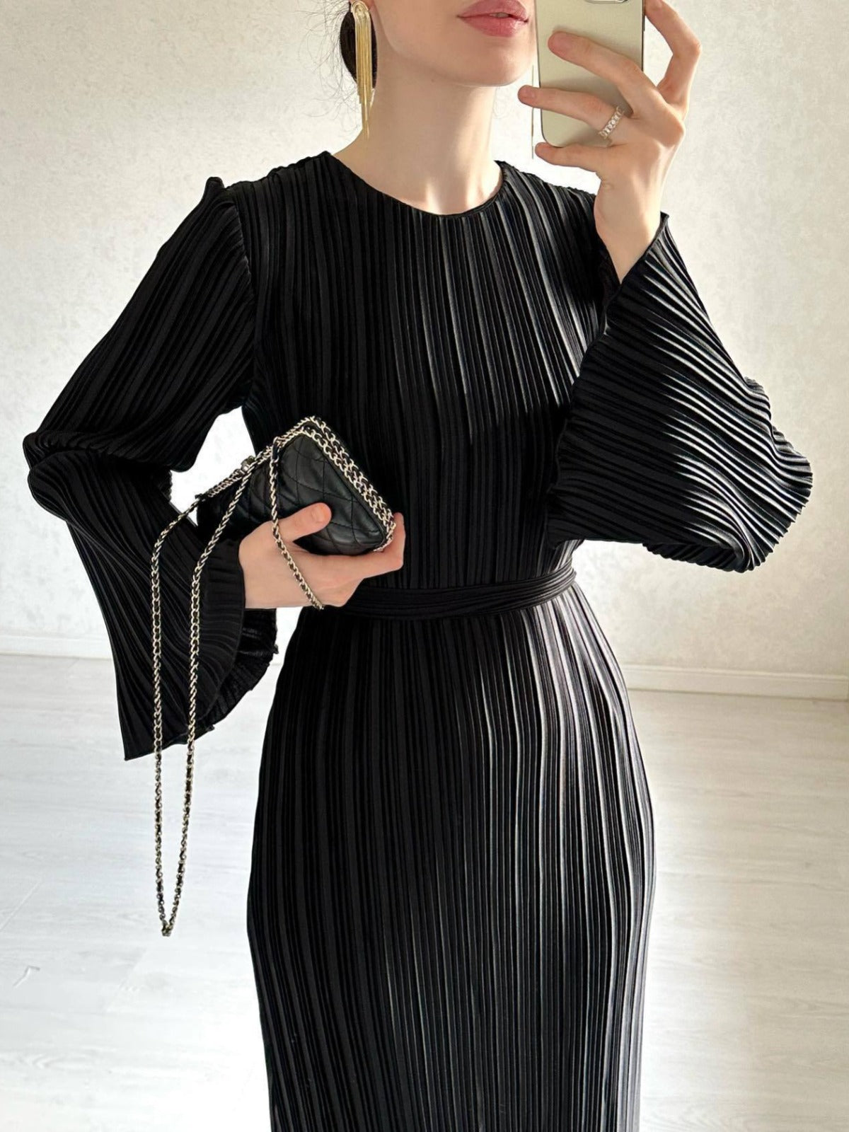 loveedsTM-Pleated Bell Sleeve Maxi Dress