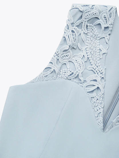 V-neck Sleeveless Lace Solid Color Midi Dress