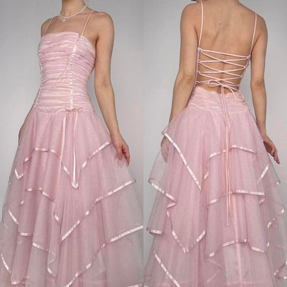 Pink Vintage A Line Spaghetti Straps Layered Tulle Prom Dress Party Dress SH3662