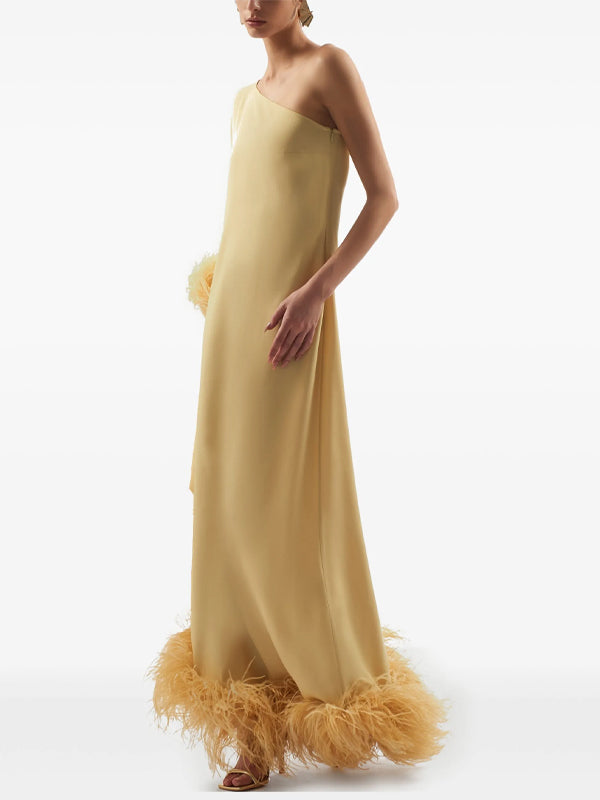 One Shoulder Solid Color Feather Maxi Dress