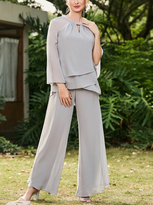 Round Neck Chiffon Solid Color Top And Pants Suit
