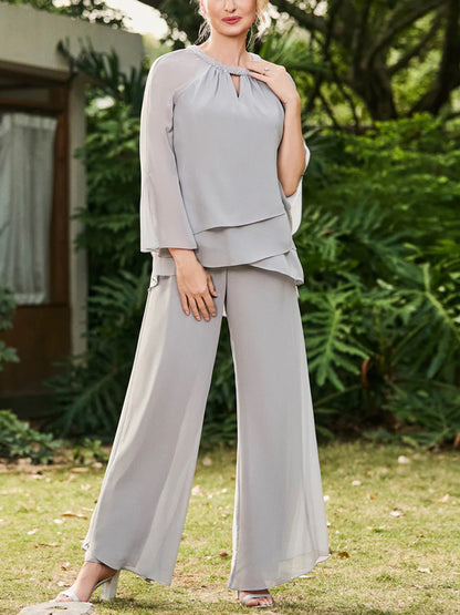 Round Neck Chiffon Solid Color Top And Pants Suit