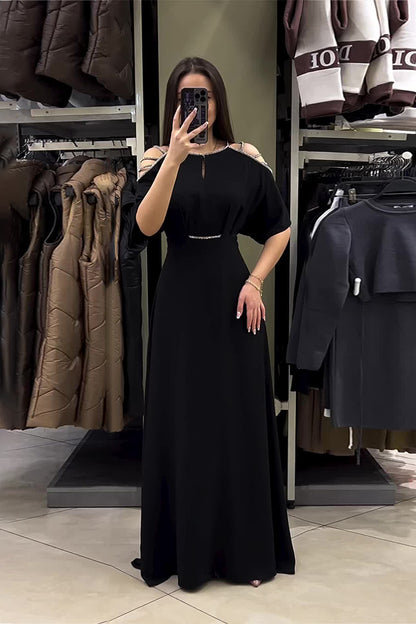 loveedsTM-Round Neck Short Sleeve Diamond Off Shoulder Dress