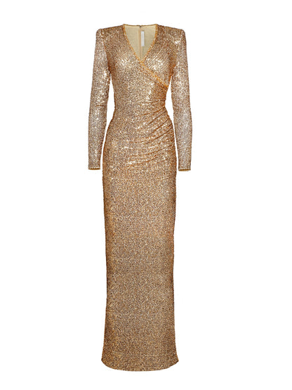 V-neck Sequin Solid Color Maxi Dress