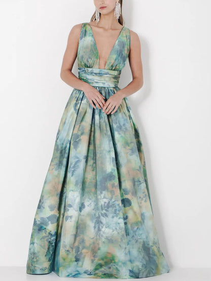 V-neck Sleeveless Printed Maxi Dress