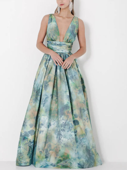 V-neck Sleeveless Printed Maxi Dress