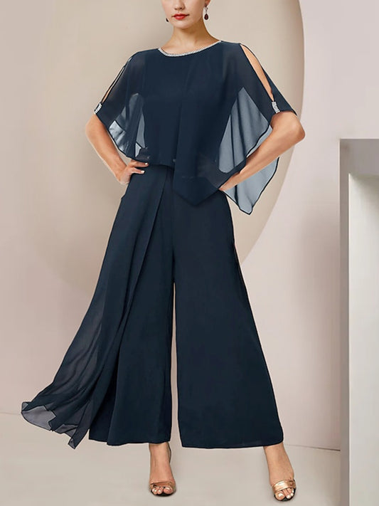 Round Neck Chiffon Solid Color Jumpsuit