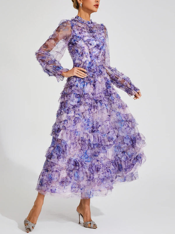 Round Neck Long Sleeves Printed Midi Dress