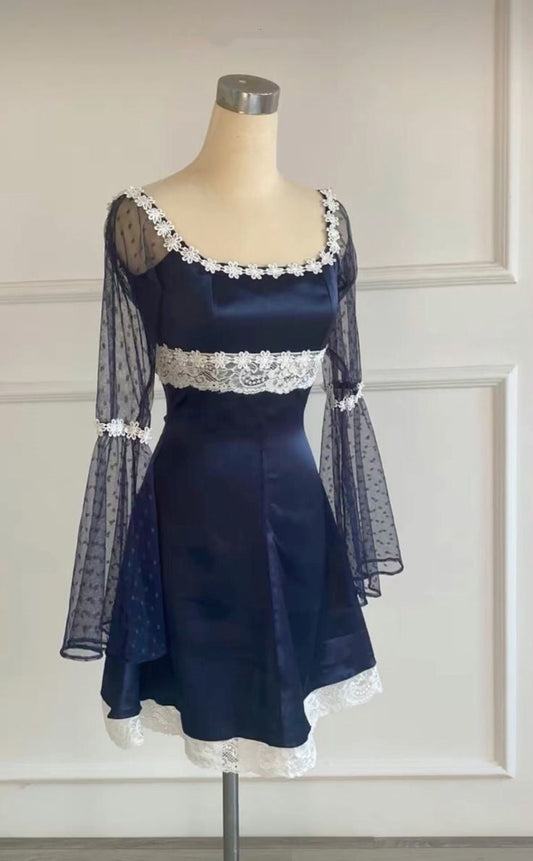 Navy blue Vintage Lace Sweet Short Satin 8th Grade Homecoming Dress Party Dress gh4893