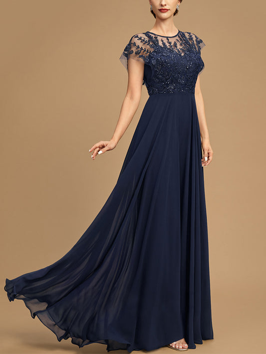 Round Neck Lace Short Sleeve Sequins Pure Color Mesh Gown Maxi Dress