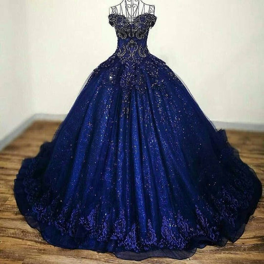 Dark blue gorgeous ClassyPretty exquisite beaded A-line long tulle ball gown evening dress gh3553
