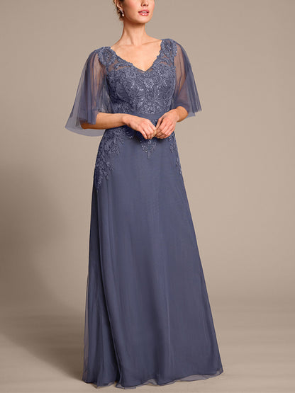 V-neck Mesh Lace Solid Color Maxi Dress