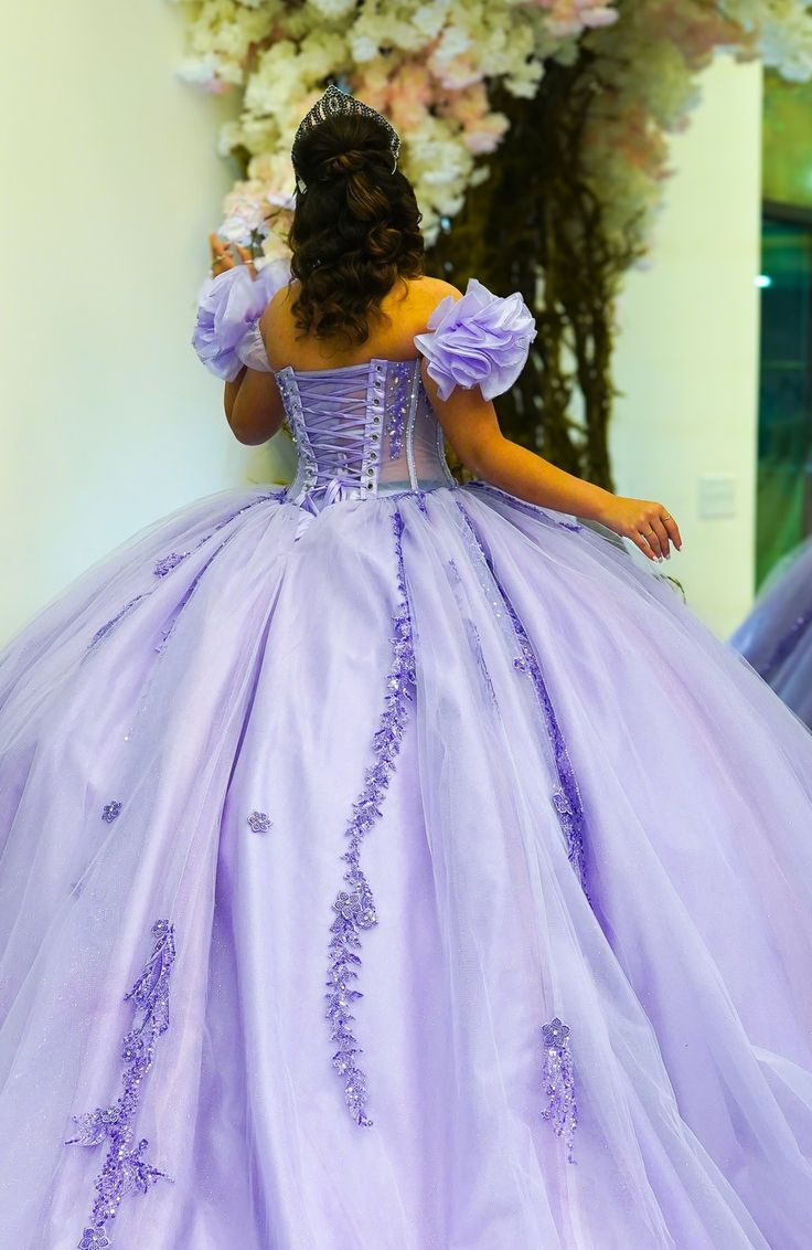 Charming Ball Gown Off-The-Shoulder Appliques Purple Tulle Sweet 16 Dress, Quinceanera Dress SH2638