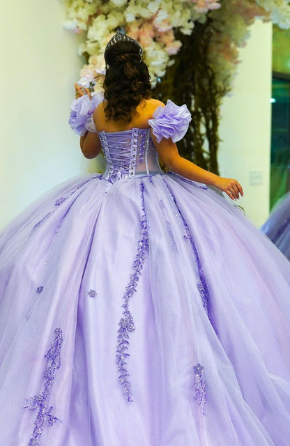Charming Ball Gown Off-The-Shoulder Appliques Purple Tulle Sweet 16 Dress, Quinceanera Dress SH2638