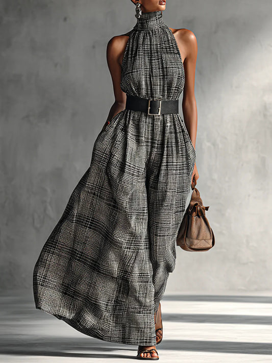 High Collar Plaid Temperament Cotton and Linen Women's Dress